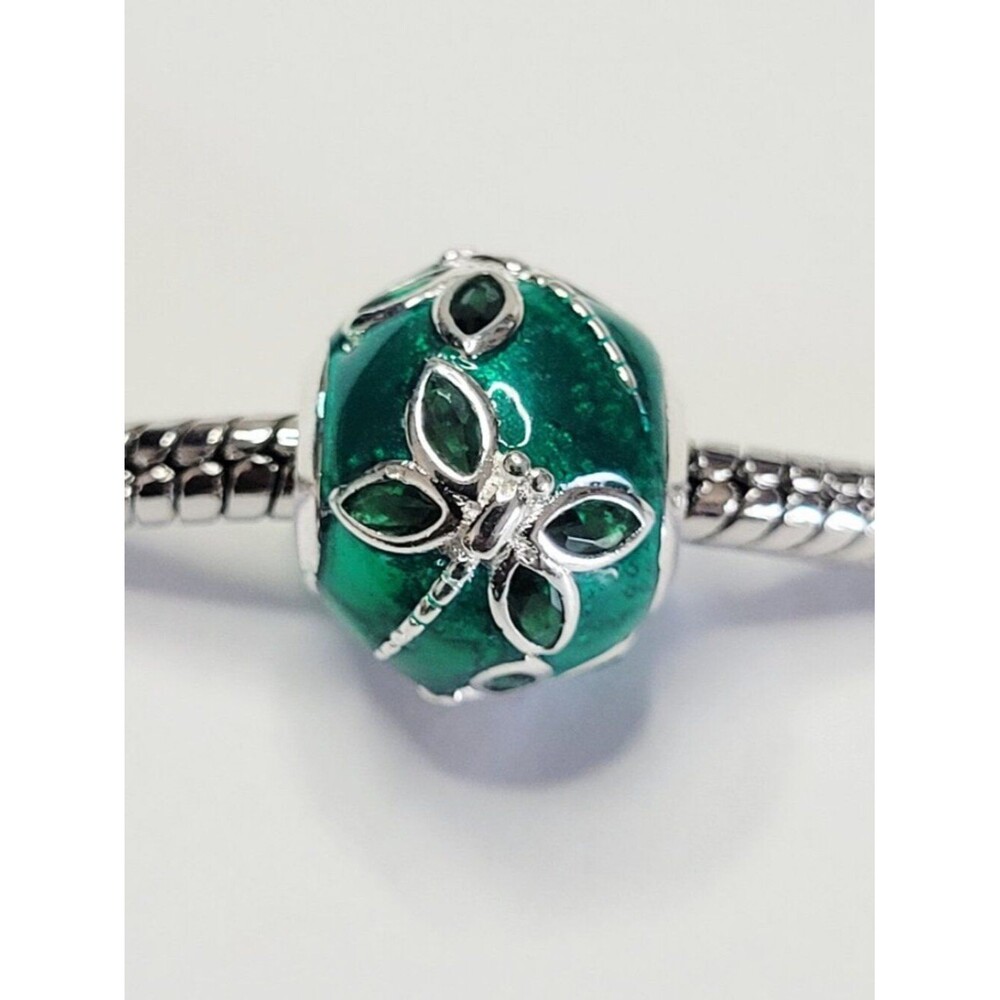 NWT Gorgeous Metallic Emerald Green, Silver Color Dragonfly Pandora Style Charm